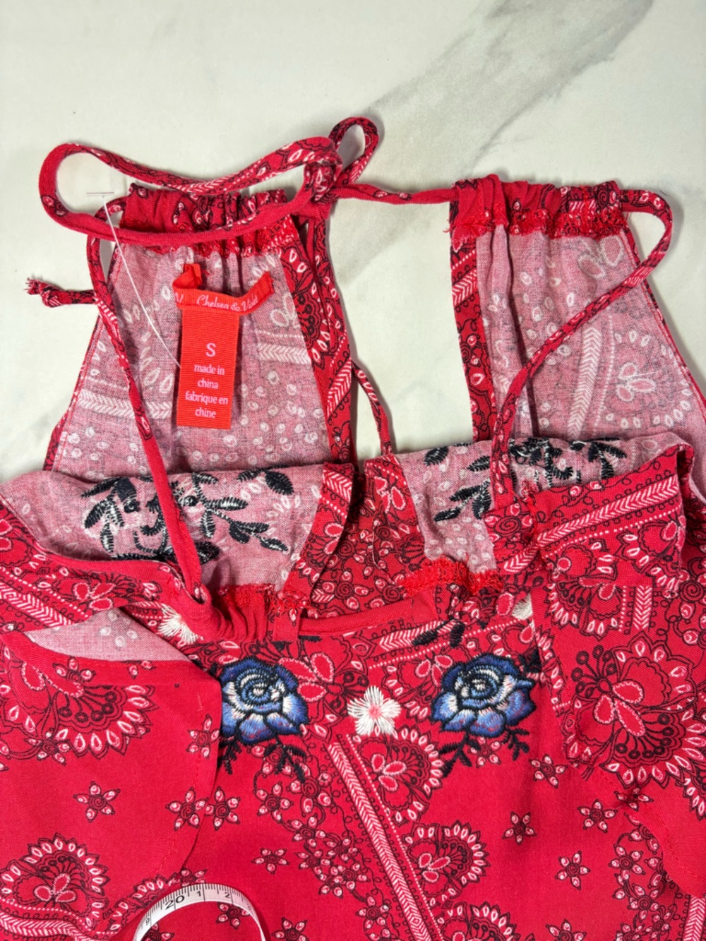 Chelsea & Violet Red Bandana-Print Halter Dress with Blue Floral Accents NWOT - Picture 16 of 16